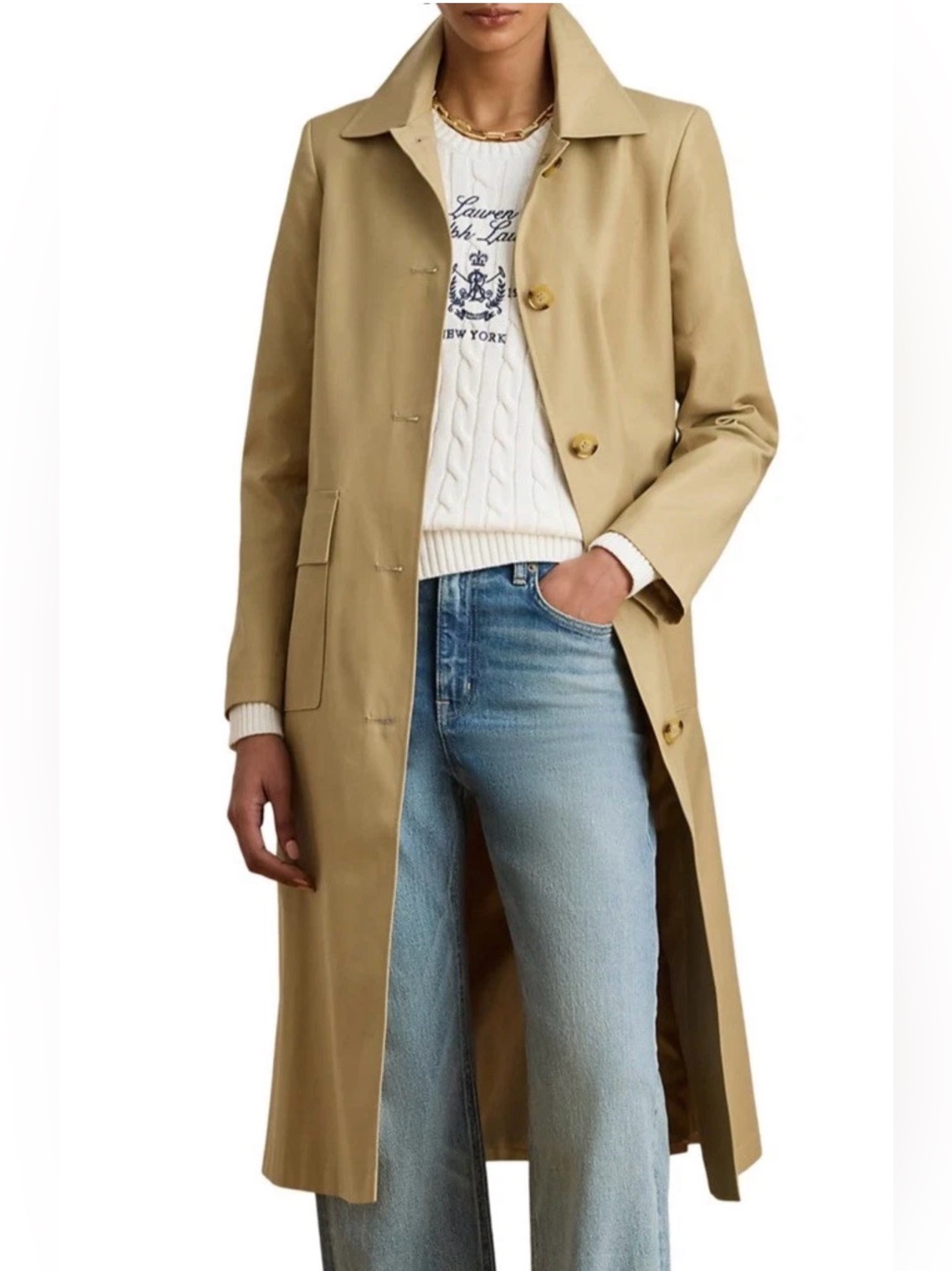 Lauren Ralph Lauren Women’s Long Trench Coat In Khaki Relaxed Fit Sz L Nwt